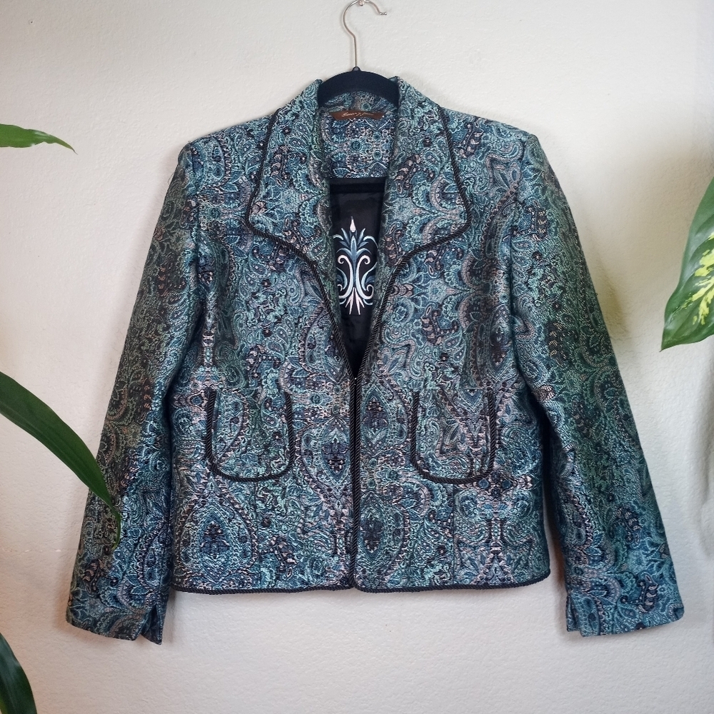 Vintage Hanna & Gracie Turquoise Blue Jaquard Black Rope Trim Paisley Blazer